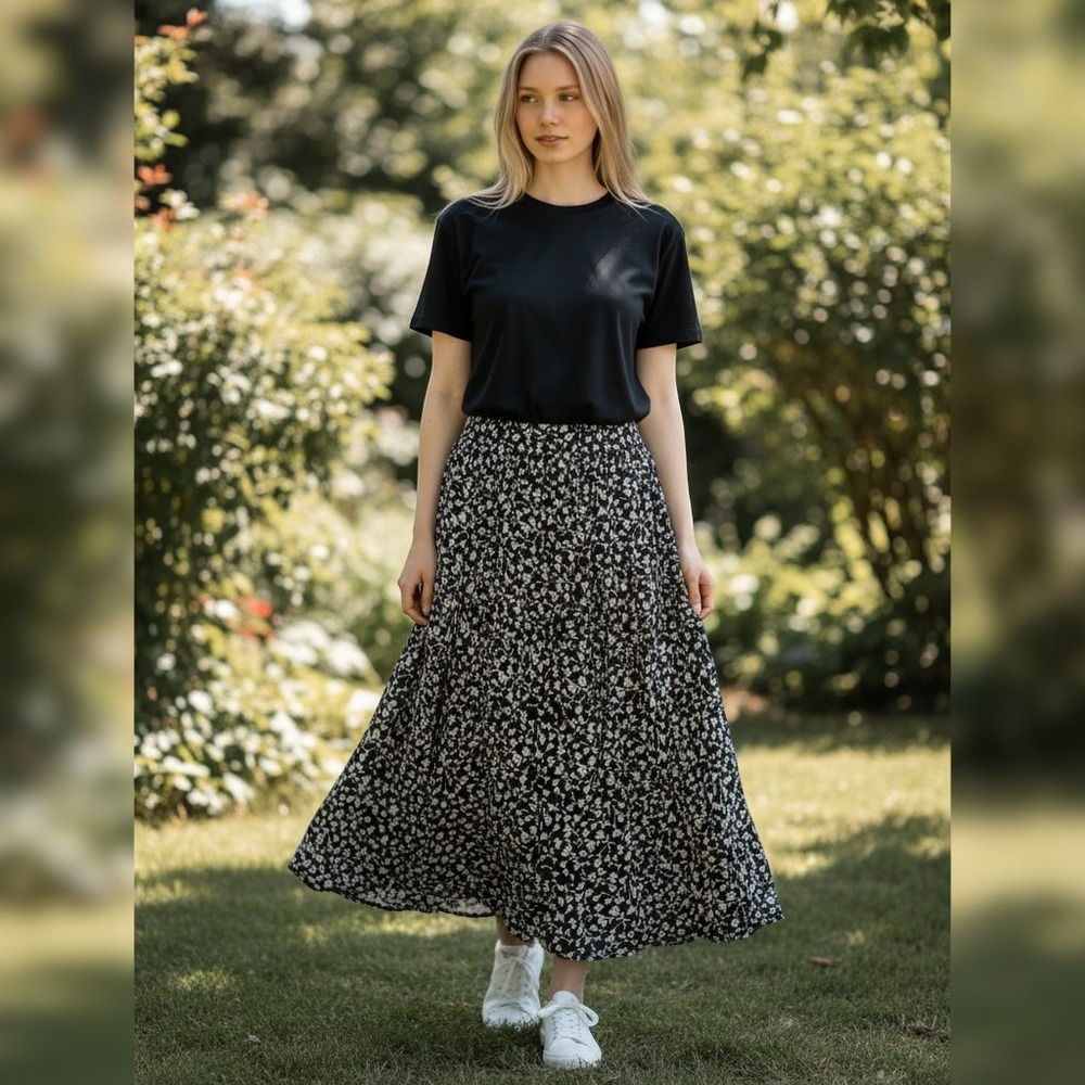 Cynthia Rowley Black White Floral Midi Skirt Elastic Waist Pockets Viscose M